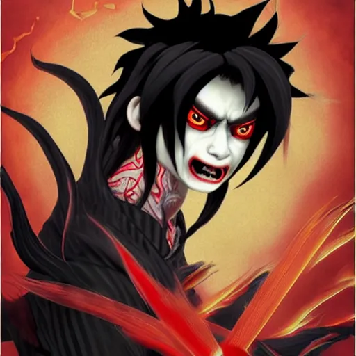 Image similar to yokai demon martial artist, handsome japanese demon boy, young adult yokai with long spiky black hair, vampiric skin, vantablack gi, red eyes, ultra realistic, intricate details, highly detailed, subsurface scattering, photorealistic, octane render, 8 k, art by artgerm, greg rutkowski, magali villeneuve, alphonse mucha