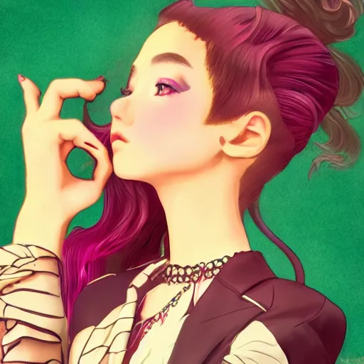 Image similar to beautiful little girl, profile picture, vintage fashion, highly detailed, reflection, 8 k, realistic artwork, hd, inspired by jojo bizarre adventure, 9 0 s anime art style, elegant, lofi