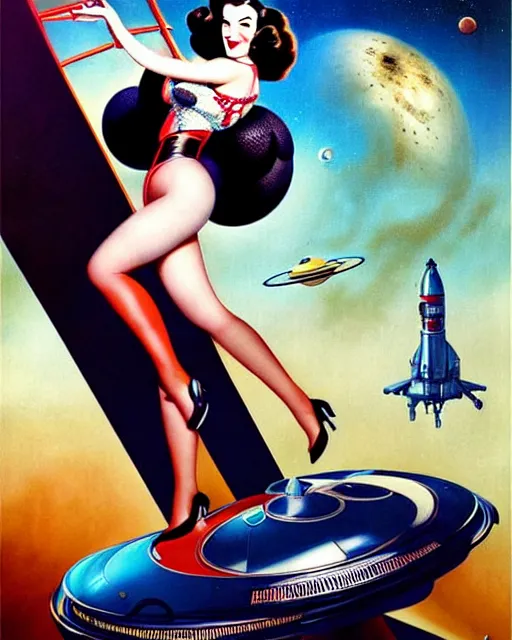 Prompt: retro space dita von teese varga girl posing on a space ship in dieselpunk city, windblown dark hair, retro pinup model, seductive, 1 9 4 0, hyper detailed, digital art, smooth, sharp focus, anna dittmann, gil elvgren, alberto vargas.