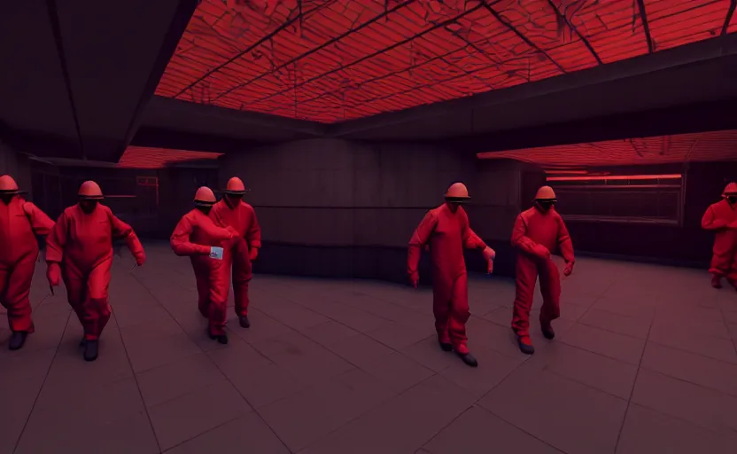 Prompt: in-game screenshot of a group of dark red hazmat scientists holding guns walking on unreal engine 5, in a liminal underground garden, photorealistic, retrofuturism, brutalism, staggered terraces, minimalist, soft vintage glow