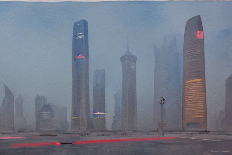 Prompt: A watercolor depicting an empty Lujiazui, gloomy weather, high contrast, smooth, by Joseph Zbikowicz, 8k