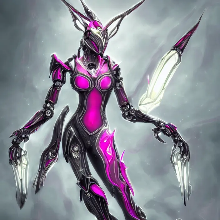 Image similar to highly detailed exquisite fanart, of a stunning beautiful female warframe, but as an anthropomorphic robot dragon, standing elegantly, shining reflective off-white plated armor, bright Fuchsia skin, sharp claws, full body shot, epic cinematic shot, realistic, professional digital art, high end digital art, DeviantArt, artstation, Furaffinity, 8k HD render, epic lighting, depth of field