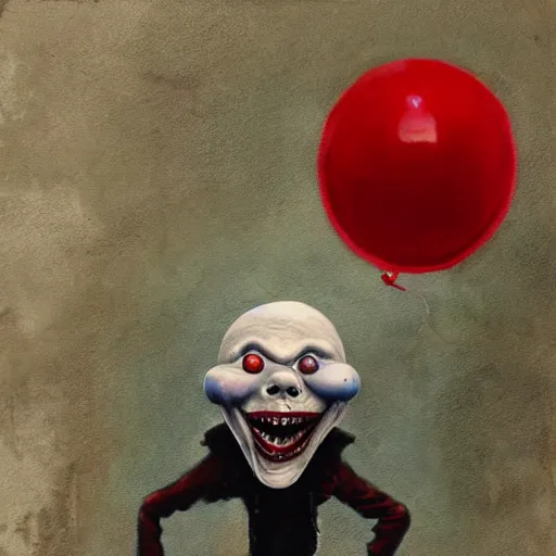 Prompt: grunge painting of creepy pasta with a wide smile and a red balloon by chris leib, loony toons style, pennywise style, corpse bride style, horror theme, detailed, elegant, intricate, Atmospheric phenomenon, conceptual, volumetric light