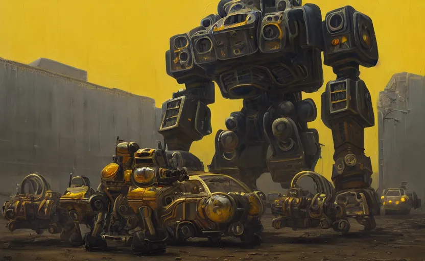 Prompt: an intricate oil painting of a giant armored plated metal mecha, croud, cars, by simon stalenhag, rust, yellow and black trim, trending on artstation, hdr, 8 k