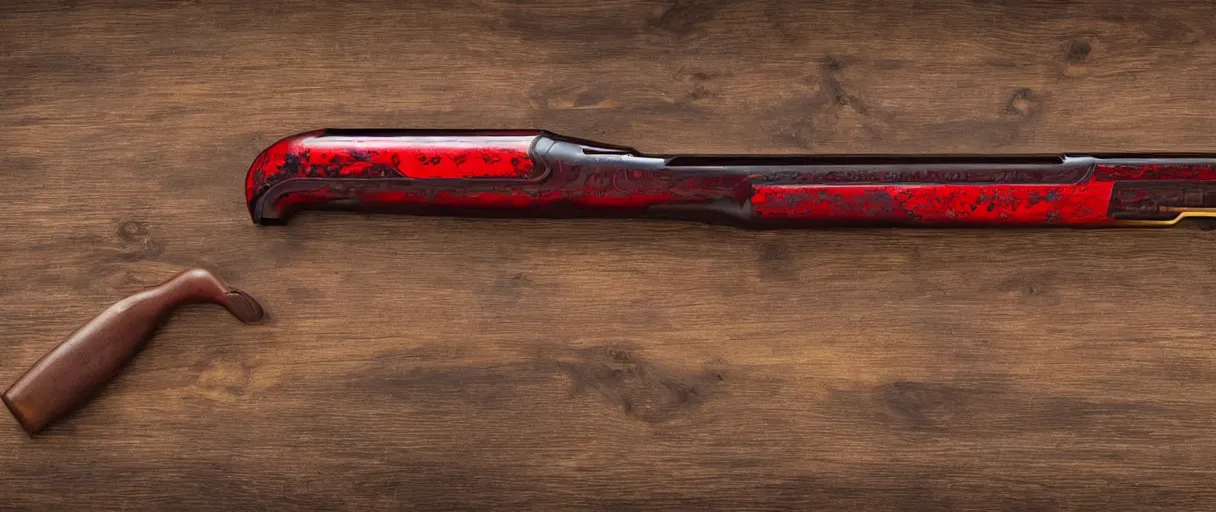 Image similar to a shotgun made from glossy red - painted wood and elements of gold metalwork