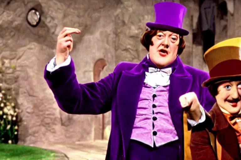 Image similar to Film still of Stephen Fry as Willy Wonka in Willy Wonka and the Chocolate Factory 1971