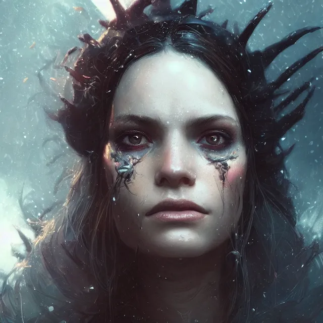 Image similar to close up portrait of a beautiful female witch, magical abstract background fantasy atmosphere. art by greg rutkowski. highly detailed, intricate, lifelike. sci - fi, fantasy, magical, octane render, nikon d 8 5 0.