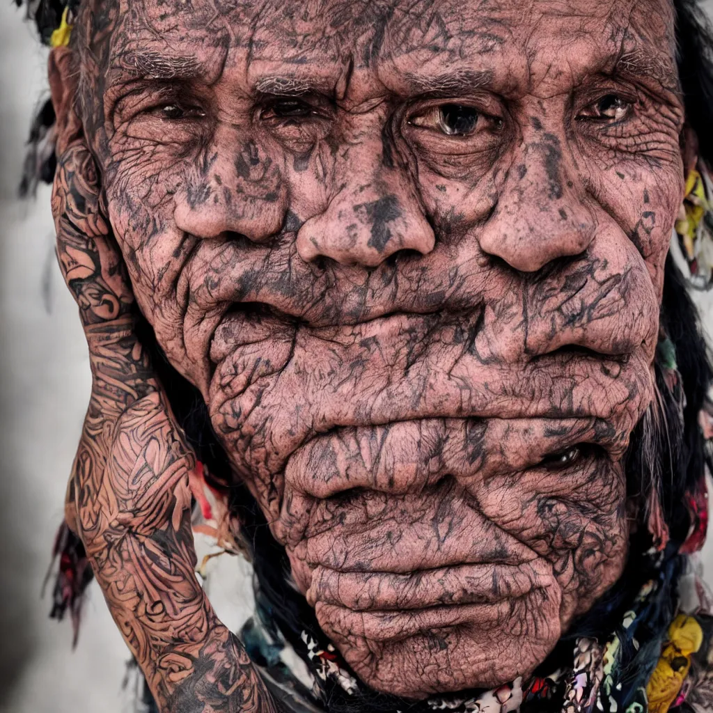 Prompt: a portrait photograph of an old indigenous tattooed man wearing black scarf and color rays helmet mask in porcelain editorial fashion photography beautiful eyes, close up shot, haute couture stares at the camera, cannon ef 1 0 5 mm f / 2. 8 in the grand budapest hotel, stars, bruce gilden