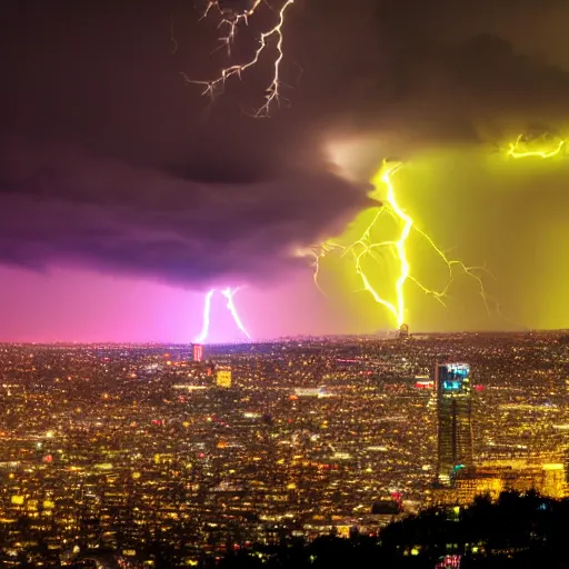 Prompt: moody midnight LA cityscape during intense storm. neon colors. gorgeous, tornado in distance, award winning, 4k