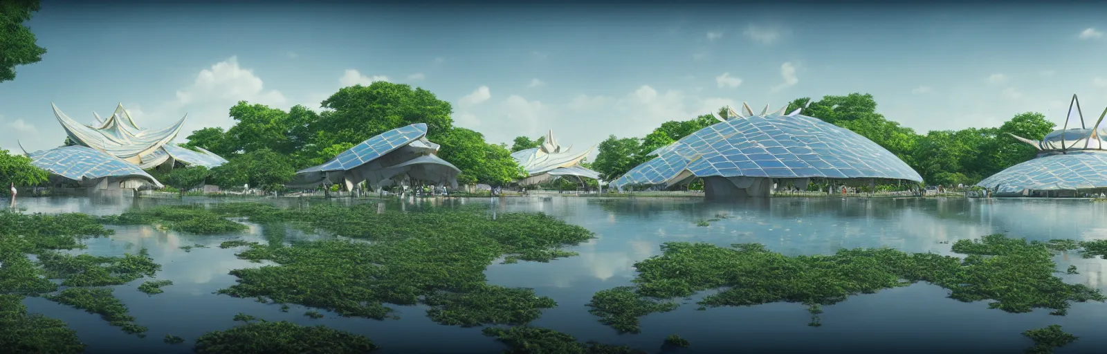 Image similar to expo 6 7 pavillion, solarpunk, studio ghibli, jean - baptiste monge, octane render, 4 k, symmetry