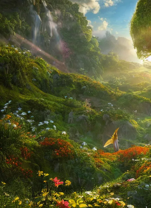 Image similar to a flying faerie in the distance of a lord of the rings scenery landscape, a vast lush valley flowers and wooden structures, stream, sunrise, god's rays highly detailed, vivid color, cinematic lighting, perfect composition, 8 k, gustave dore, derek zabrocki, greg rutkowski, belsinski, octane render