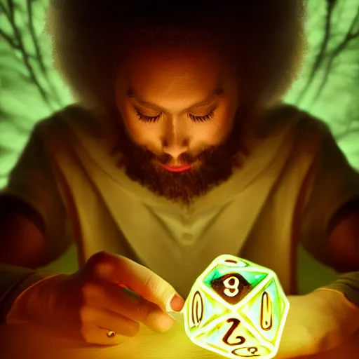 Prompt: a mythical forestmancer god rolling a d 6 dice, glowing energy, fantasy magic, by willian murai and jason chan, dramatic lighting, golden ratio, sharp focus