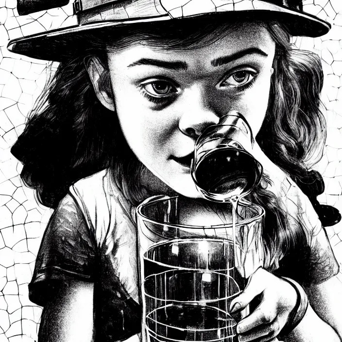 Prompt: extreme close - up on sadie sink as a miner lifts a glass of water. background : black tiles on walls. black and white, pencil and ink. by gabriel hardman, joe alves, chris bonura. cinematic atmosphere, detailed and intricate, perfect anatomy