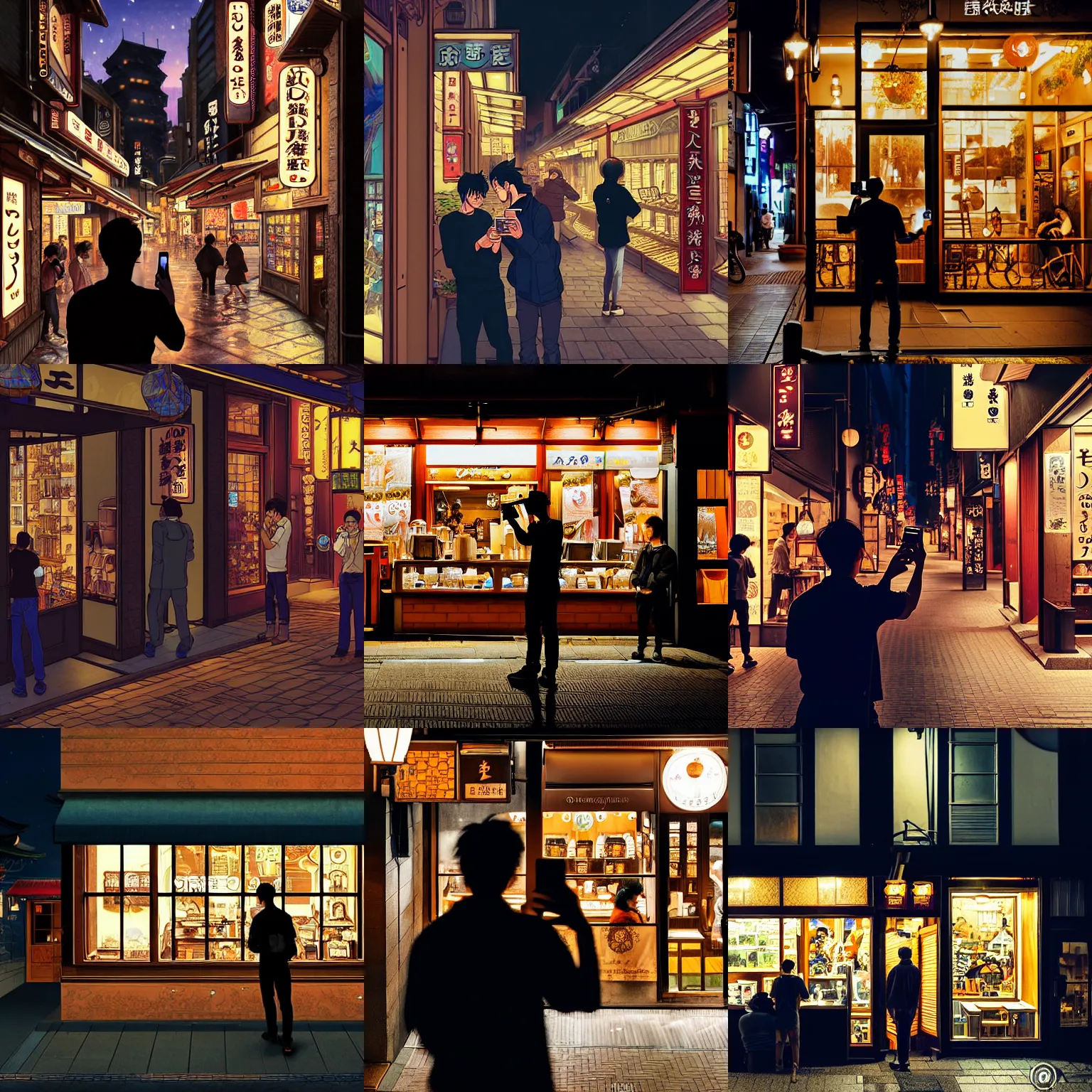 Prompt: a man taking a selfie in front of a coffee shop store in The City of Japan at night with a few customers, extreme plus resolution fantasy concept art, intricate details to everything visible, sharp lighting, Dramatic light by denis villeneuve, strong emphasis on alphonse mucha, Makoto Shinkai