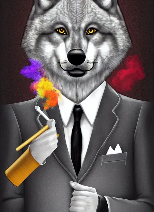 Image similar to anthropomorphic wolf in a suit and tie, smoking a cigarette. Digital art, colorful