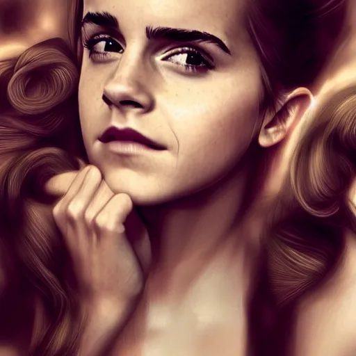 Prompt: emma watson with one hand in her hair, playing with her curls, hyperrealistic, artgerm