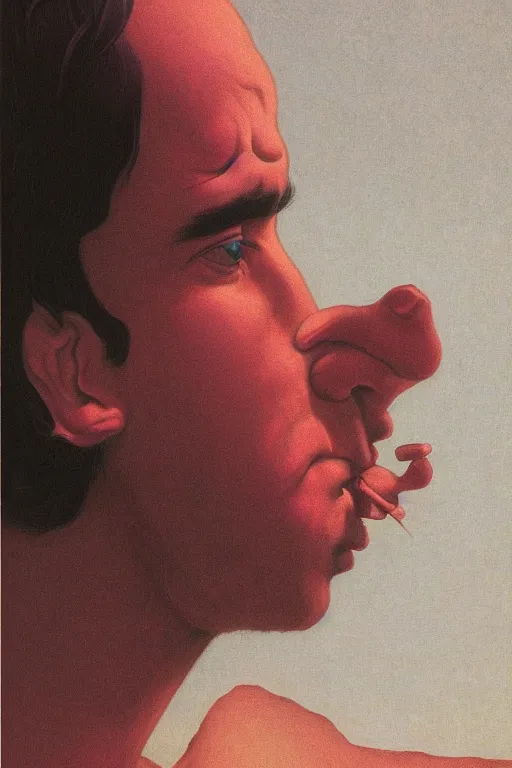 Image similar to a closeup portrait of a young spanish man licking a blotter paper of LSD acid on his tongue and dreaming psychedelic hallucinations, by kawase hasui, moebius, Edward Hopper and James Gilleard, Zdzislaw Beksinski, Steven Outram colorful flat surreal design, hd, 8k, artstation