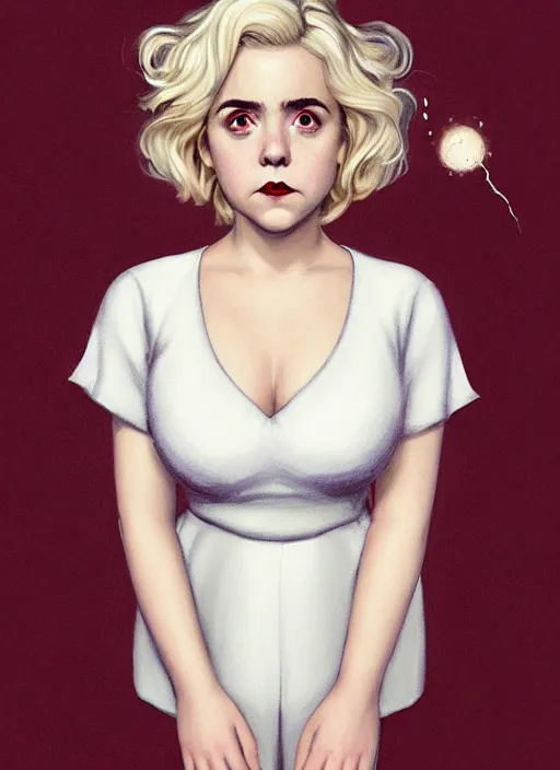 Image similar to full body portrait, kiernan shipka as sabrina spellman, white hair, obese, bangs, sultry, realistic, sultry smirk, fluffy bangs, curly bangs, fat, belly, intricate, elegant, highly detailed, digital painting, artstation, concept art, smooth, sharp focus, illustration, art by wlop, mars ravelo and greg rutkowski