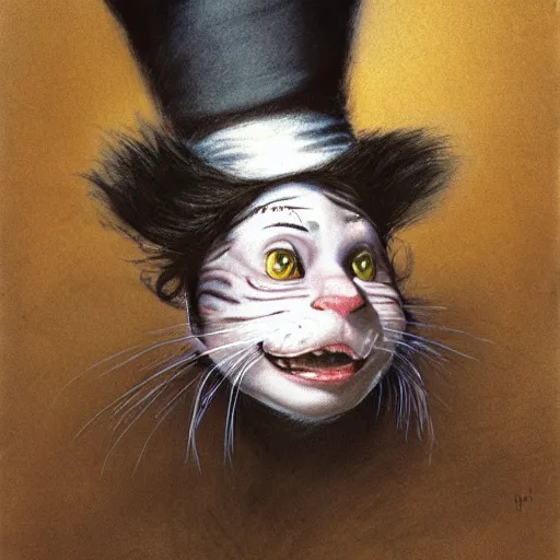 Image similar to mike myers as the cat in the hat painted by brian froud, side - lit, sepia - toned