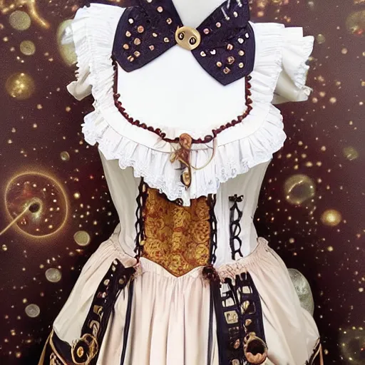 Image similar to A mechanical-steampunk themed lolita outfit ; the fabric has pictures of galaxies moons and stars on it. A beautiful lolita dress, Angelic Pretty!dream a steampunk themed lolita outfit ; the fabric has pictures of gears and bolts on it. A beautiful lolita dress, Angelic Pretty