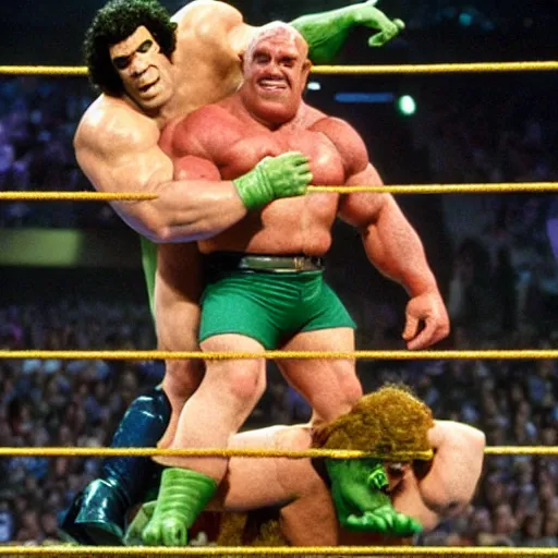 Image similar to shrek and John cena tag team fight vs andre the giant and hulk hogan at wrestlemania 8, dramatic lighting ,