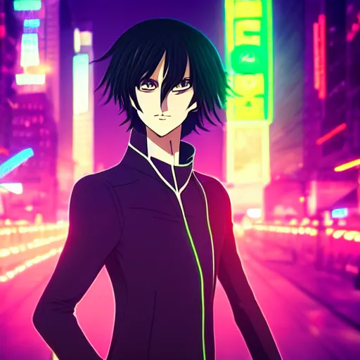 Lelouch Lamperouge in a neon city, octane render 8k,, Stable Diffusion