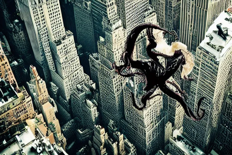 Prompt: Venom swinging through New York by Emmanuel Lubezki