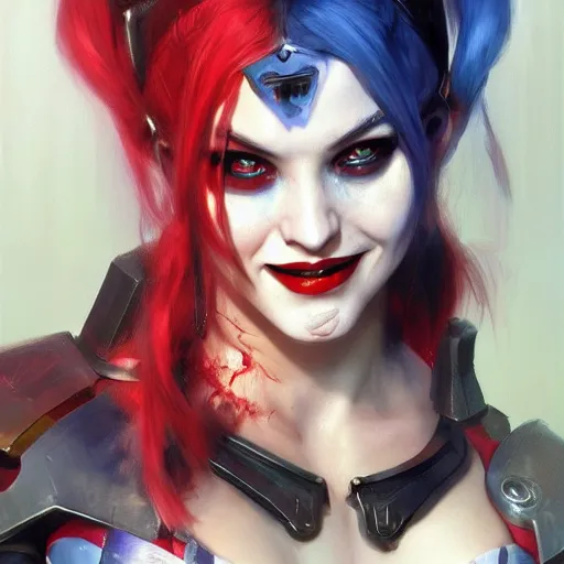 Image similar to portrait of Harley Quinn in bikini armor, dc comics, cyberpunk, Warhammer 40000, dark fantasy, digital art from artstation by Ruan Jia and Mandy Jurgens and Artgerm and william-adolphe bouguereau