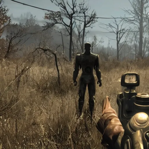 Image similar to Fallout 4 gameplay screenshot, wasteland, Slender Man in the background