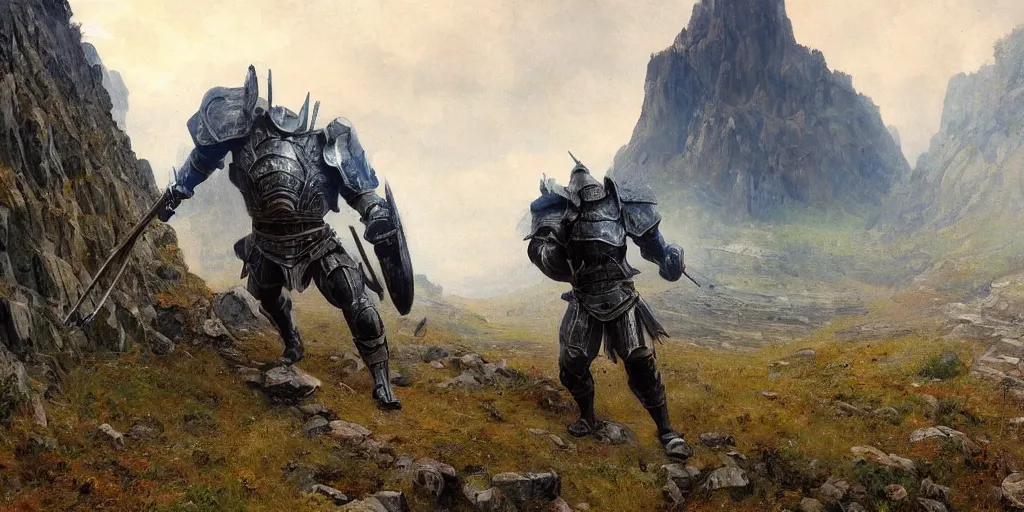 Prompt: full body blued-steel titan colossus in pacing through hills, river, mountain valley to fortress, with armour, fine art, artstation, matte painting, masterpiece by vasnetsov and surikov