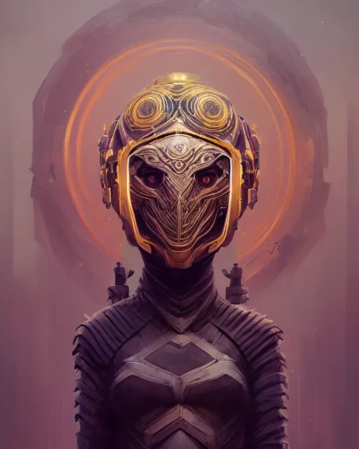 Image similar to professional ominous concept art portrait of a character with a mandala helmet by artgerm and greg rutkowski. an intricate, elegant, highly detailed digital painting, concept art, smooth, sharp focus, illustration, in the style of simon stalenhag, wayne barlowe, and igor kieryluk.