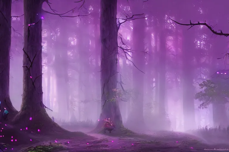 ancient magical dark forest, tall purple and pink