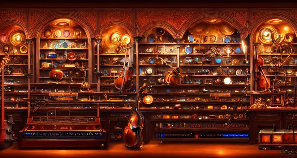 Prompt: a shelf of amazing magical musical instruments, cinematic lighting, detailed, beautiful colors, ornate, by greg rutowski and artgerm 4 k