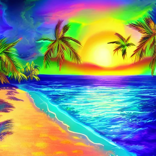 Image similar to bioluminescent colorful magical island world with palm trees and beach detailed airbrush painting 4 k