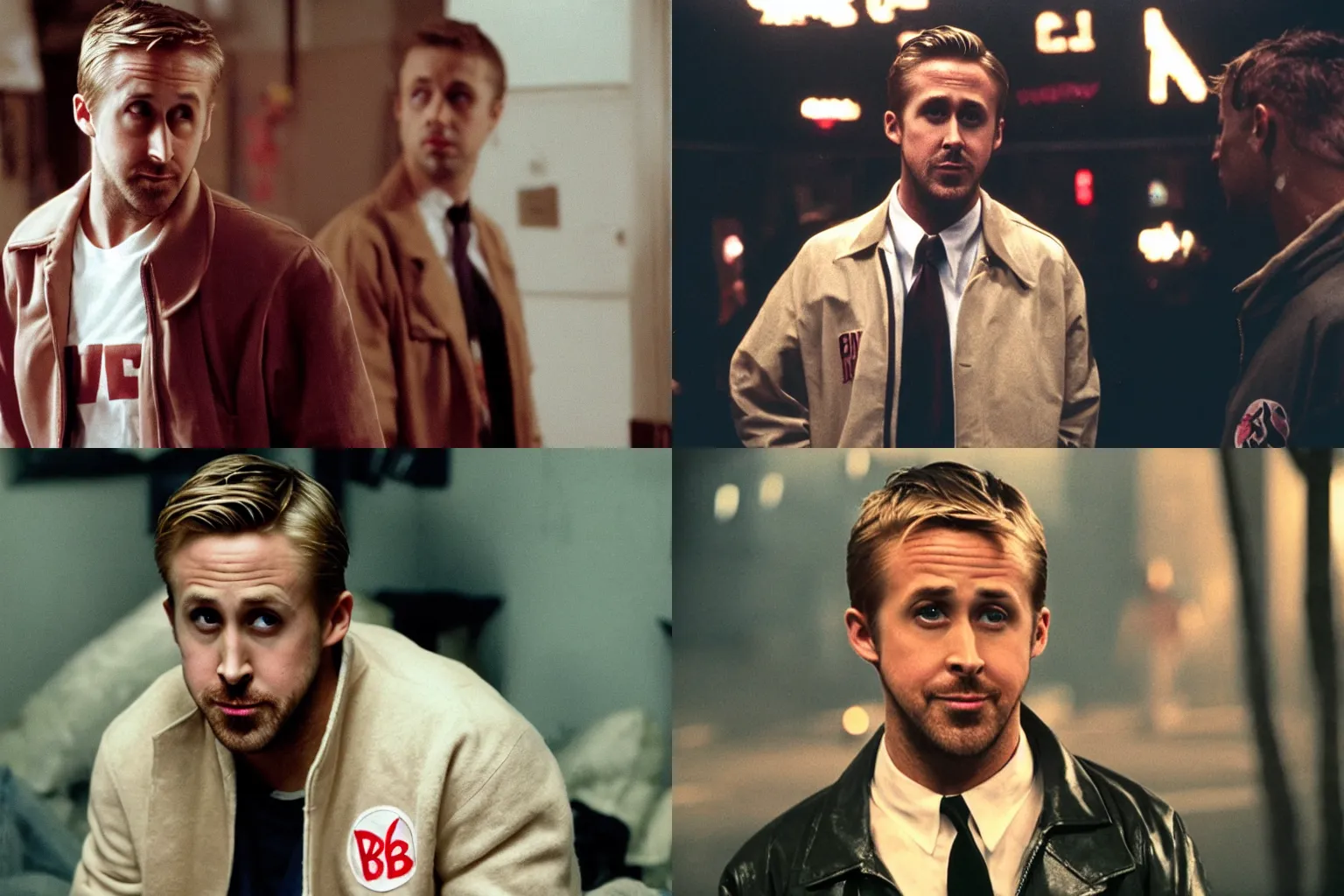 Prompt: ryan gosling wearing a beige varsity jacket emblazoned with the letter B on its breast. he seems horrified and his face is smeared with blood, film still, dramatic lighting, 80s retro, fight club, hotline miami,