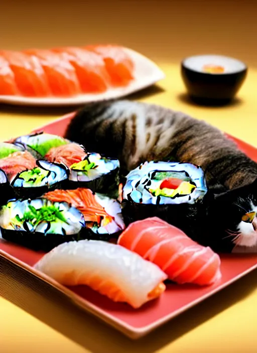 Image similar to clear photorealistic picture of adorable cats eating sushi