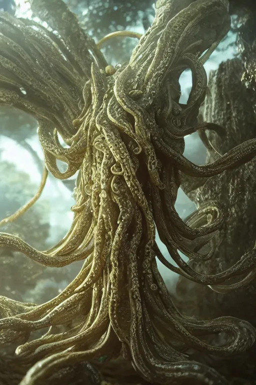 Prompt: giant ancient alien tentacles artwork by yoshitaka amano, ivory and gold, detailed vegetation background, extremely detailed, octane rendering, sharp focus, volumetric light, particles, unreal engine 5, rtx