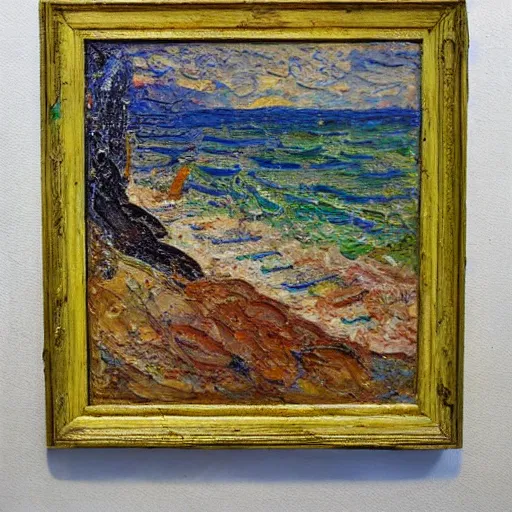 Image similar to oil paint impasto relief, beautiful italian beach scene, multi layered thick brush marks, some splattered paint, in the style of monet and frank auerbach