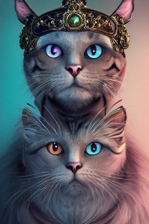 Image similar to a beautiful empress portrait, with a brilliant, impossible striking big Cat headpiece, clothes made of cats, everything cats, symmetrical, dramatic studio lighting, rococo, baroque, greens, asian, hyperrealism, closeup, D&D, fantasy, intricate, elegant, highly detailed, digital painting, artstation, octane render, 8k, concept art, matte, sharp focus, illustration, art by Artgerm and Greg Rutkowski and Alphonse Mucha