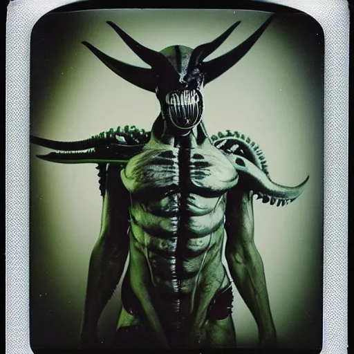 Image similar to a polaroid picture of a xenomorph with fluorescent flesh