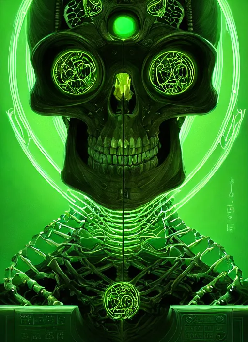 Prompt: portrait of a cyber skeleton, writing ancient runes with glowing green ink in a grand tome, intricate, elegant, glowing lights, highly detailed, digital painting, artstation, concept art, smooth, sharp focus, illustration, art by wlop, mars ravelo and greg rutkowski