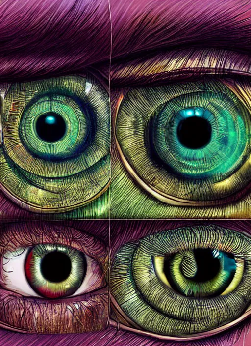 Prompt: grid montage of eyes, detailed colored textures, eyelashes, advanced art, art styles mix, from wikipedia, wet reflections in eyes, sunshine lighting, hd macro photograph, from side, various eyelid positions, black sphere pupil centered