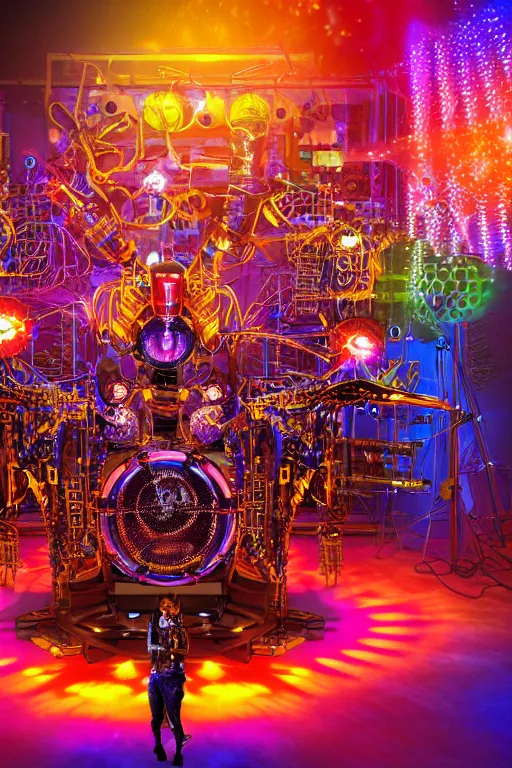 Image similar to portrait photo of a giant huge golden and blue metal futuristic humanoid steampunk robot drummer covered with multicolored big gears and tubes, a huge red drumset, eyes are glowing red lightbulbs, shiny crisp finish, 3 d render, 8 k, insaneley detailed, fluorescent colors, background is multicolored lasershow