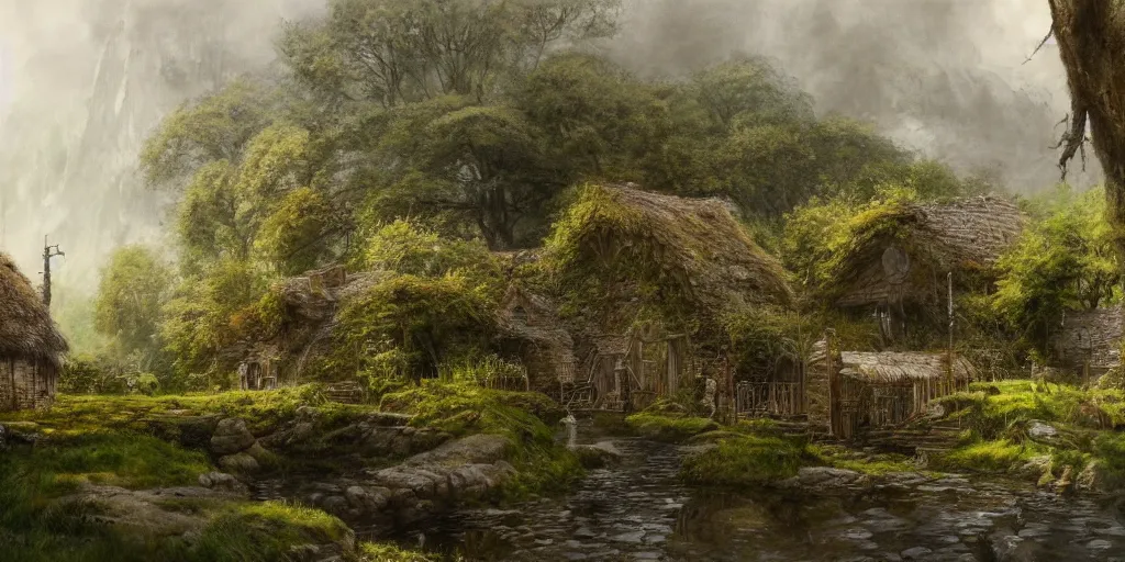 Prompt: a small serene fantasy village on the edge of the woods, by alan lee, lord of the rings, smooth, detailed terrain, oil painting, matte painting, concept art, trending on artstation