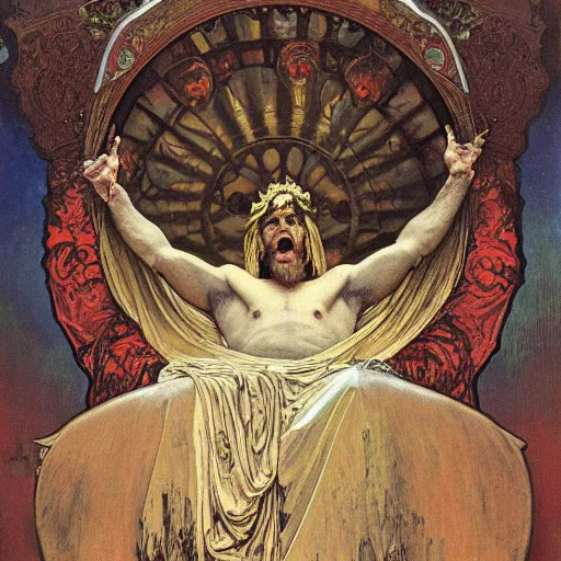 Image similar to greg davis sits on his throne as ruler of hell, oil on canvas, by alphonse mucha, gustave dore, zdzislaw beksinski