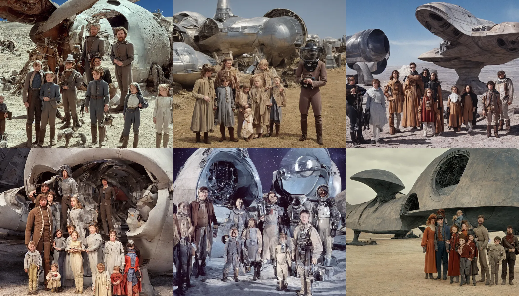 Prompt: highly detailed, 256435456k film, 7257600mm film still from a sci fi blockbuster color movie made in 2019, set in 1860, of a family standing in front of a spaceship that has just landed on an alien planet, the family are all wearing 1860s era clothes, good lighting, good photography, ultra high definition