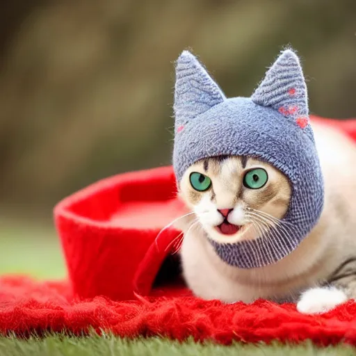 Image similar to cute cat photo licking tongue sticking out, wearing wool hat cat ears