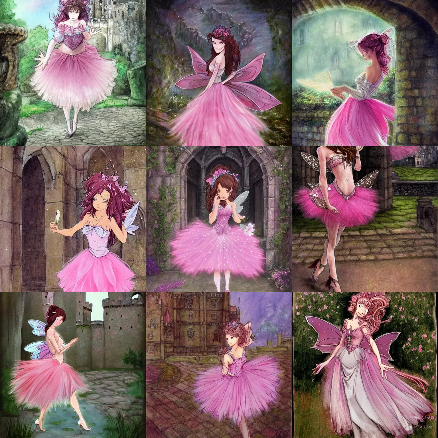 Prompt: brunette fairy woman wearing pink romantic tutu walking in a castle, medium shot, fantasy art, highly detailed, sharp focus, elegant, beautiful, amazing, astonishing, marvelous, incredible, trending on pixiv, anime art, by anton pieck