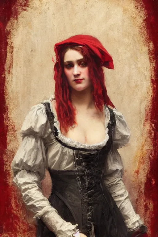 Image similar to Solomon Joseph Solomon and Richard Schmid and Jeremy Lipking victorian genre painting full length portrait painting of a young beautiful woman traditional german french pirate wench in fantasy costume, red background