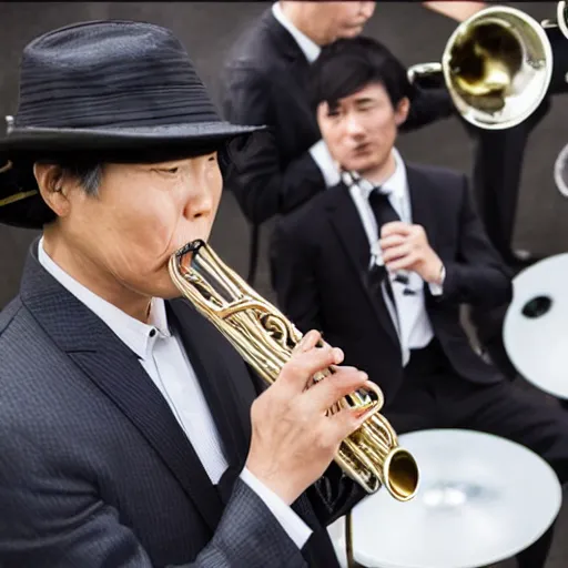 Prompt: middle aged japanese man in a suit and tie playing the trumpet in a ska band